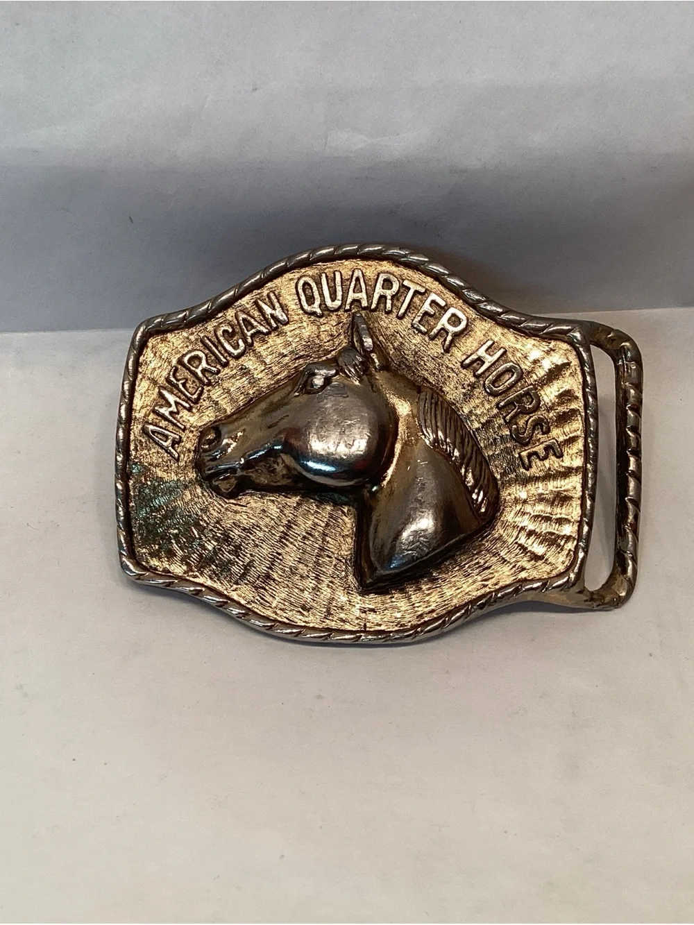 Vintage American Quarter Horse Belt Buckle Gold Tone Brass JJJ Heavy Equestrian